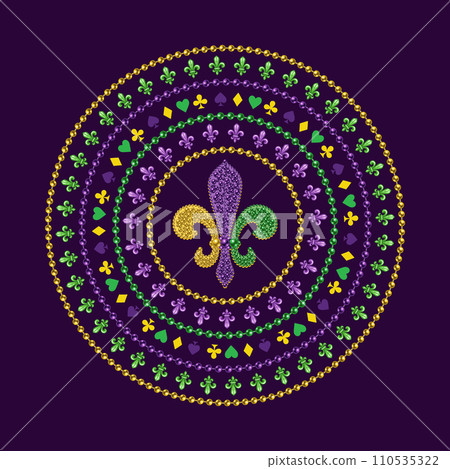 Mardi Gras circular pattern with Fleur de lis sign, cards suit symbols, bead strings. Vintage illustration for prints, holiday goods decoration Mardi Gras circular pattern with Fleur de lis sign, cards suit symbols, bead strings. Vintage illustration for prints, holiday goods decoration 110535322