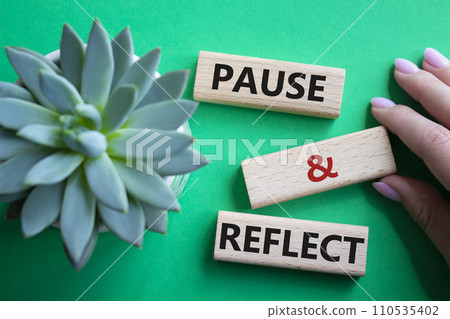 Pause and Reflect symbol. Concept words Pause and Reflect on wooden blocks. Beautiful green background with succulent plant. Businessman hand. Business and Pause and Reflect concept. Copy space. Pause and Reflect symbol. Concept words Pause and Reflect on wooden blocks. Beautiful green background with succulent plant. Businessman hand. Business and Pause and Reflect concept. Copy space. 110535402