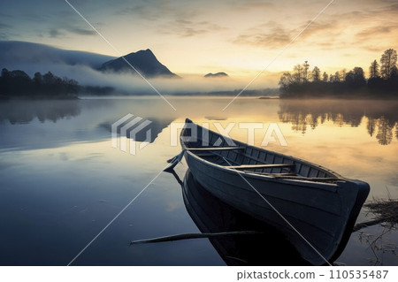 AI-generated content. A tranquil early morning view of a still lake reflecting a moody sky, with a single boat anchored at the shore. Mist rises off the water surface, enveloping trees and distant AI-generated content. A tranquil early morning view of a still lake reflecting a moody sky, with a single boat anchored at the shore. Mist rises off the water surface, enveloping trees and distant 110535487