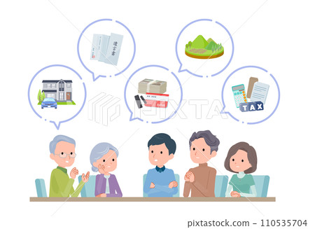 一對老夫婦和他們的兒子和女兒正在聊天。資產圖示。 110535704