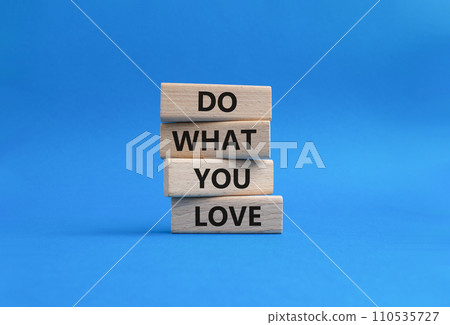 Do what you Love symbol. Concept words Do what you Love on wooden blocks. Beautiful blue background. Business and Do what you Love concept. Copy space 110535727
