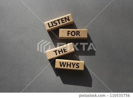 Listen for the whys symbol. Wooden blocks with words Listen for the whys. Beautiful grey background. Business and Listen for the whys. Copy space. 110535756
