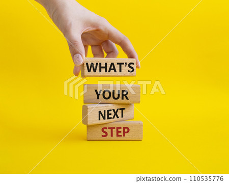 What is your next step symbol. Wooden blocks with words What is your next step. Businessman hand. Beautiful yellow background. Business concept. Copy space. 110535776