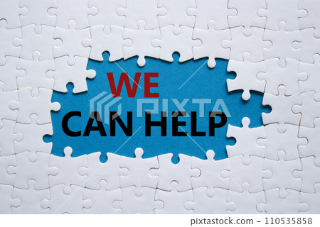 We can help symbol. Concept words We can help on white puzzle. Beautiful blue background. Business and We can help concept. Copy space. 110535858