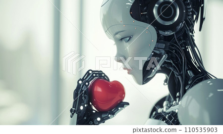 Close up pf futuristic female robot tenderly holding a shiny red heart, emotional AI themes Close up pf futuristic female robot tenderly holding a shiny red heart, emotional AI themes 110535903