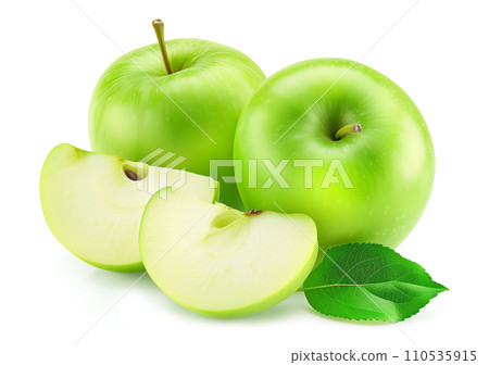 Vibrant green apples, whole and two slices, isolated on white 110535915