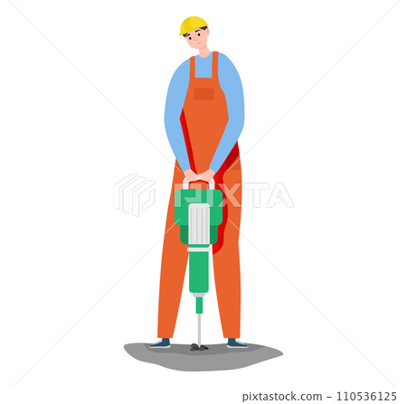 Drill repair equipment, work with perforator tool, builder worker isolated on white vector illustration. Builder occupation, build renovation labor Drill repair equipment, work with perforator tool, builder worker isolated on white vector illustration. Builder occupation, build renovation labor 110536125