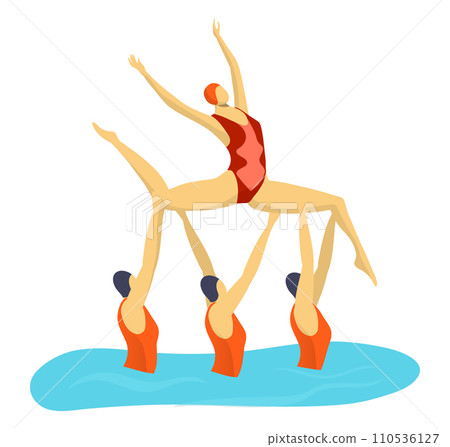 Synchro movement performance in pool, isolated on white vector illustration. Swimmer sport team in swimsuit icon. Woman character 110536127