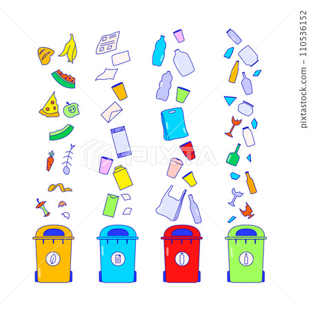 Recycle metal container for rubbish, environment ecology saving vector illustration. Waste plastic pollution, organic rubbish and trash bin concept 110536152