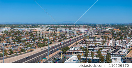 Phoenix city downtown skyline cityscape of Arizona in USA. Top view of downtown Phoenix Arizona on a summer day in USA. Phoenix city downtown skyline cityscape of Arizona in USA. Top view of downtown Phoenix Arizona on a summer day in USA. 110536570