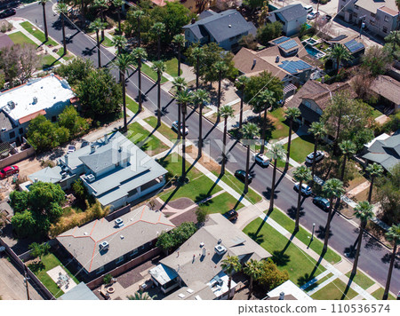 Phoenix city downtown skyline cityscape of Arizona in USA. Top view of downtown Phoenix Arizona on a summer day in USA. 110536574