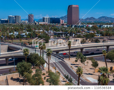 Phoenix city downtown skyline cityscape of Arizona in USA. Top view of downtown Phoenix Arizona on a summer day in USA. 110536584