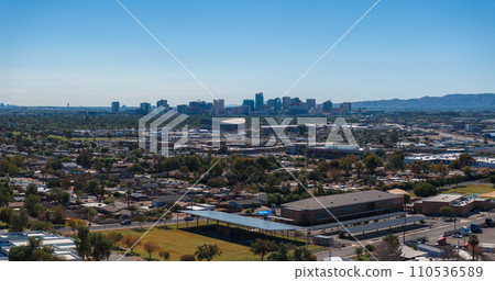 Phoenix city downtown skyline cityscape of Arizona in USA. Top view of downtown Phoenix Arizona on a summer day in USA. 110536589