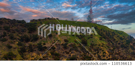 Famous Hollywood Sign in Mount Lee in Los Angeles, California. Aerial view of the Hollywood hills. 110536613