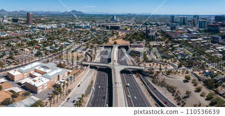 Phoenix city downtown skyline cityscape of Arizona in USA. Top view of downtown Phoenix Arizona on a summer day in USA. 110536639