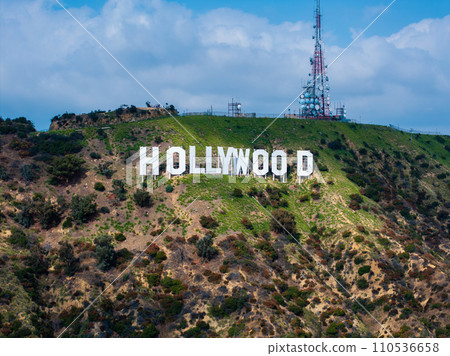 Famous Hollywood Sign in Mount Lee in Los Angeles, California. Aerial view of the Hollywood hills. Famous Hollywood Sign in Mount Lee in Los Angeles, California. Aerial view of the Hollywood hills. 110536658