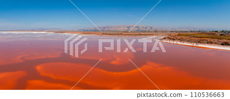 Aerial view of the Pink salt ponds at Alviso Marina County Park, gateway to the Don Edwards San Francisco Bay National Wildlife Refuge Aerial view of the Pink salt ponds at Alviso Marina County Park, gateway to the Don Edwards San Francisco Bay National Wildlife Refuge 110536663