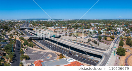 Phoenix city downtown skyline cityscape of Arizona in USA. Top view of downtown Phoenix Arizona on a summer day in USA. Phoenix city downtown skyline cityscape of Arizona in USA. Top view of downtown Phoenix Arizona on a summer day in USA. 110536679