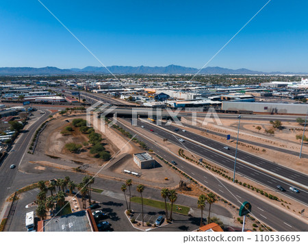 Phoenix city downtown skyline cityscape of Arizona in USA. Top view of downtown Phoenix Arizona on a summer day in USA. 110536695