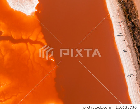 Aerial view of the Pink salt ponds at Alviso Marina County Park, gateway to the Don Edwards San Francisco Bay National Wildlife Refuge 110536736