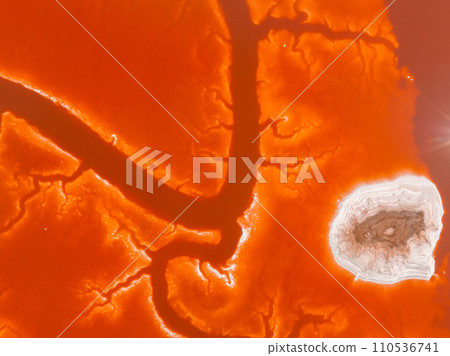 Aerial view of the Pink salt ponds at Alviso Marina County Park, gateway to the Don Edwards San Francisco Bay National Wildlife Refuge 110536741