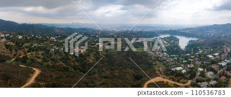 Los Angeles hot sunset view with palm tree and downtown in background. California, USA theme - background. Art photography 110536783