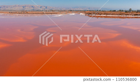 Aerial view of the Pink salt ponds at Alviso Marina County Park, gateway to the Don Edwards San Francisco Bay National Wildlife Refuge 110536800