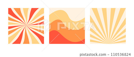Set of wavy and sun rays backgrounds in warm retro autumn colors. Groovy hippie backdrop. Retro 60s 70s psychedelic wavy design. Vector collection of wallpaper templates. 110536824