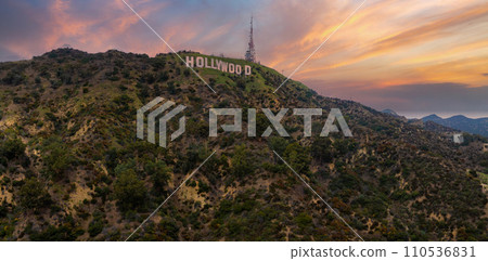 Famous Hollywood Sign in Mount Lee in Los Angeles, California. Aerial view of the Hollywood hills. Famous Hollywood Sign in Mount Lee in Los Angeles, California. Aerial view of the Hollywood hills. 110536831
