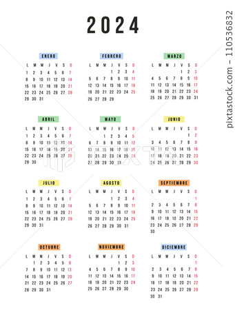 Spanish calendar 2024 year. Vector stationery calendar week starts Monday. Yearly organizer. Simple modern calendar template in minimalist design. Business illustration. Spanish calendar 2024 year. Vector stationery calendar week starts Monday. Yearly organizer. Simple modern calendar template in minimalist design. Business illustration. 110536832