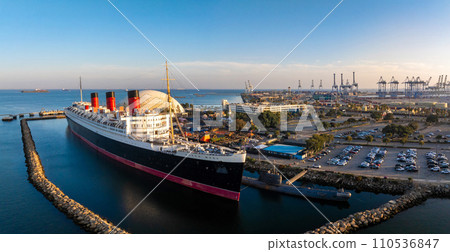 Panoramic aerial view of Long Beach and Queen Mary, California. Panoramic aerial view of Long Beach and Queen Mary, California. 110536847