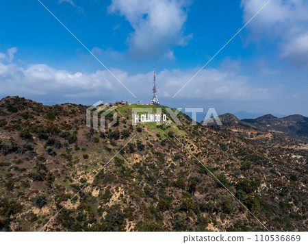 Famous Hollywood Sign in Mount Lee in Los Angeles, California. Aerial view of the Hollywood hills. Famous Hollywood Sign in Mount Lee in Los Angeles, California. Aerial view of the Hollywood hills. 110536869