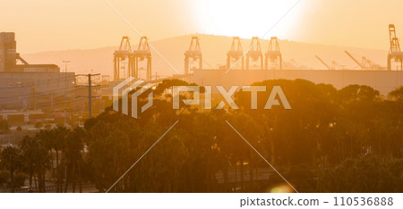 Thousands of shipping containers in the port of Long Beach near Los Angeles California. The Port of Long Beach in southern California during sunset. 110536888