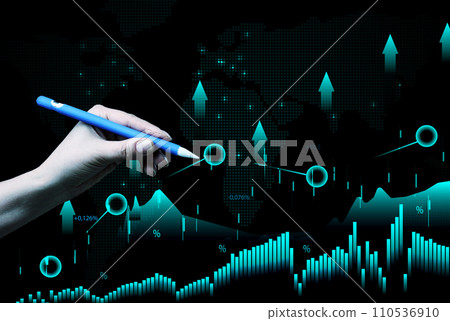Virtual neon graph and female hand, profit analysis and sales growth dynamics, blue background Virtual neon graph and female hand, profit analysis and sales growth dynamics, blue background 110536910