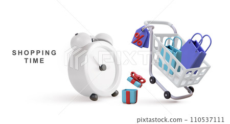 3d realistic shopping banner store, cart, gifts, market bags in style. Vector illustration. 110537111