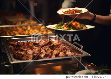Catering buffet in a restaurant, festive catering, a variety of dishes in containers on the table 110537258