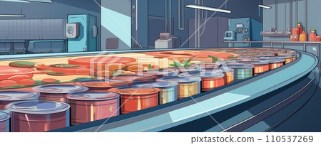 Illustration of a canning factory, cans with contents moving along a conveyor belt for labeling and marking, banner Illustration of a canning factory, cans with contents moving along a conveyor belt for labeling and marking, banner 110537269