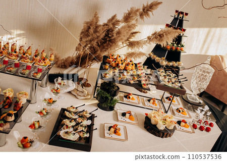 Assortment of delicious snacks on the open buffet festive table in restaurant. Catering plate 110537536