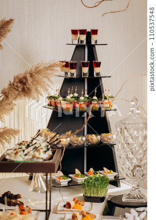 Assortment of delicious snacks on the open buffet festive table in restaurant. Catering plate 110537548
