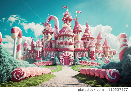 Magical candy castle, with peppermint buttresses, licorice spires, and a gumdrop path leading to the entrance 110537577