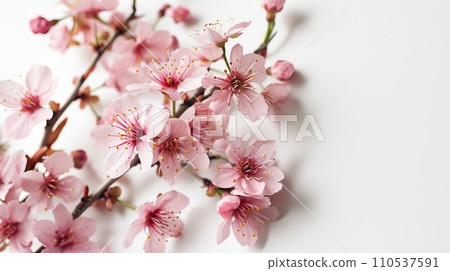 Cherry blossoms branch on white background. Minimalistic design. Copy space Cherry blossoms branch on white background. Minimalistic design. Copy space 110537591
