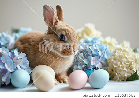 Bunny with blue eyes surrounded by pastel colored eggs and blooming hydrangeas Bunny with blue eyes surrounded by pastel colored eggs and blooming hydrangeas 110537592