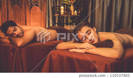 Caucasian couple customer enjoying relaxing anti-stress massage. Quiescent 110537805