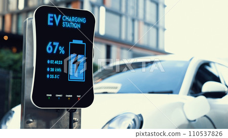 EV charging station display battery status interface for electric car. Peruse EV charging station display battery status interface for electric car. Peruse 110537826