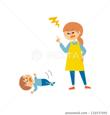 Cute illustration of a child having a tantrum and an angry mother Cute illustration of a child having a tantrum and an angry mother 110537845