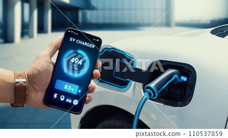 EV car battery status on EV smartphone application. Peruse 110537859