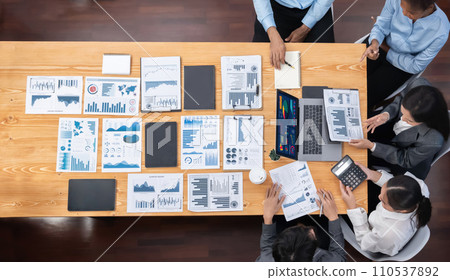 Panorama top view analyst team use BI dashboard for data analysis. Concord 110537892