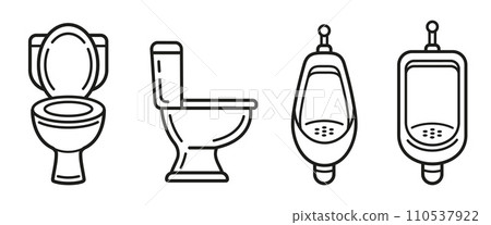 Toilet seat, male urinal bowl in public restroom, ceramic men pissoir, flushing water closet WC lavatory line icon set. Washroom wall urine pan. Bathroom plumbing. Hygiene sanitary equipment. Vector 110537922