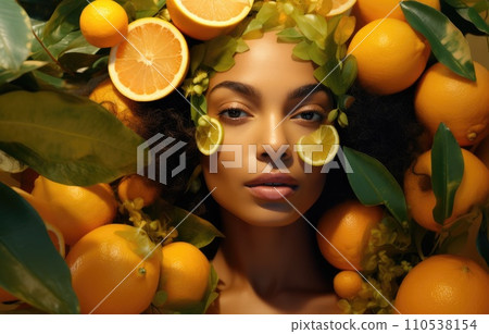 AI-generated content. Abstract art portrait of young woman with flowers comeliness AI-generated content. Abstract art portrait of young woman with flowers comeliness 110538154