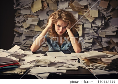 AI-generated content. Stressed and exhausted office worker with pile of document without comeliness 110538155